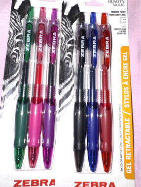 Zebra Gel Retractable Pens 0.7mm Medium Point 6 assorted colors New 2 Packs of 3